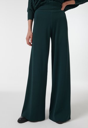 Groene wijde broek gemaakt van zachte stof, met een hoge tailleband en een gladde textuur, die tot op de vloer reikt met een ontspannen pasvorm.