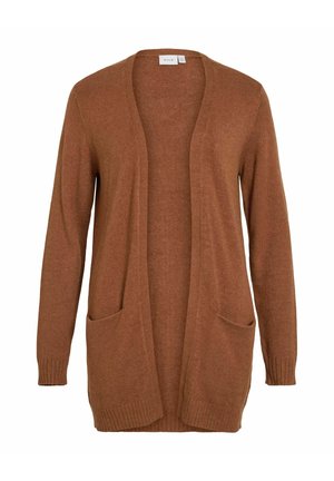 Cardigan marron à manches longues en matériau doux avec une ouverture à l'avant, des poignets côtelés et deux poches avant. Design simple sans fermetures.