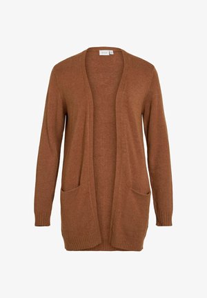 Hnedý kardigán s dlhými rukávmi vyrobený z mäkkého materiálu, s otvoreným predným dielom, rebrovanými manžetami a dvoma prednými vreckami. Jednoduchý dizajn bez zapínania.