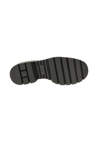 Zwarte rubberen zool met horizontale en verticale ribbels, voorzien van een centrale groef en twee opvallende verhoogde accenten nabij de hak.