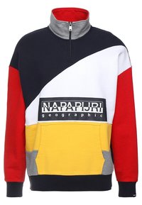Farveblokeret sweatshirt med høj krave. Har navy, hvid, rød og gul paneler. Inkluderer lynlås lukning og frontlomme. Brandlogo er vist.