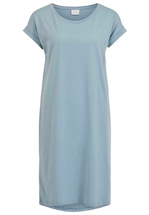 Hellblaues Baumwollkleid mit kurzen hochgekrempelten Ärmeln, rundem Ausschnitt und legerer Passform. Mit Schlitz am Saum für mehr Bewegungsfreiheit.