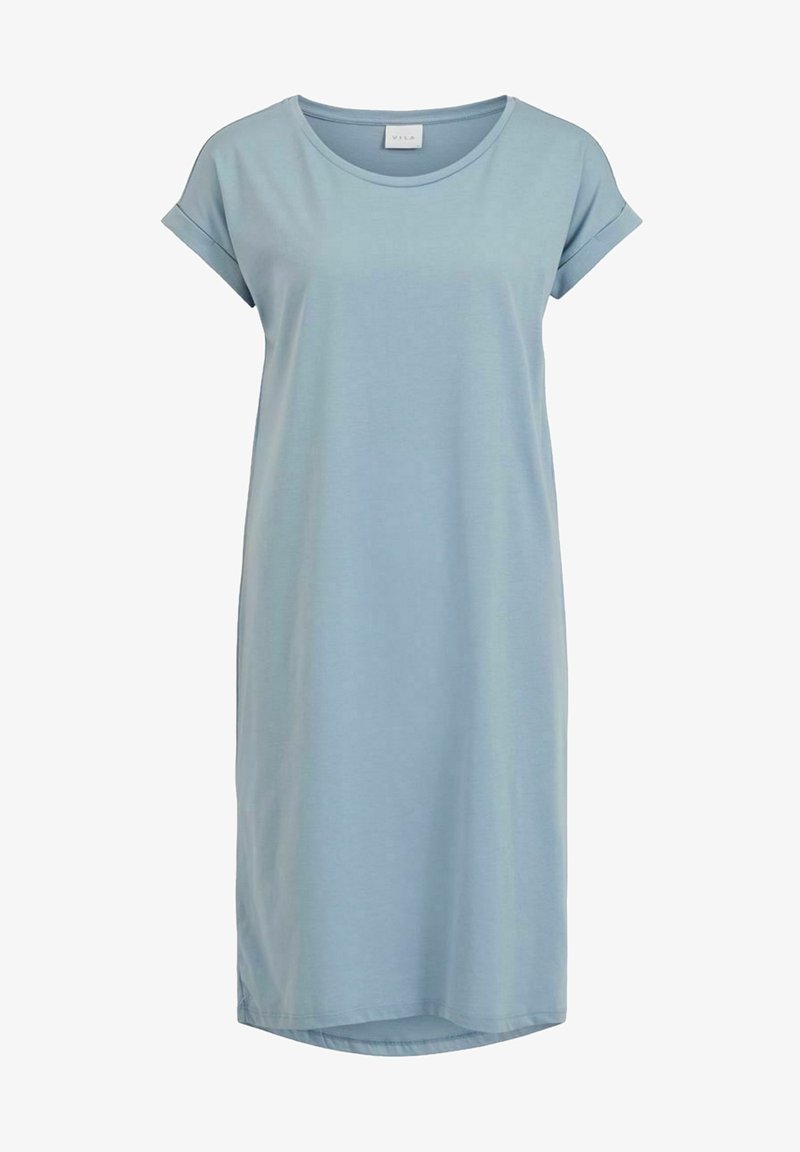 Robe en coton bleu clair avec manches courtes retroussées, encolure arrondie et coupe décontractée. Détail fente à l'ourlet pour faciliter les mouvements.