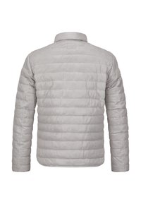 Hellgraue Steppjacke mit Kragen, gepolstertem Design und langen Ärmeln. Verfügt über ein dezentes Logoschild am Kragen.