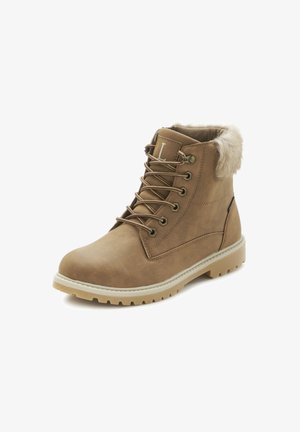 Brown leather ankle boot with faux fur collar, lace-up design, rubber sole, and side stitching detail. Textured upper for durability.