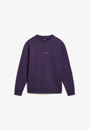 Fioletowa bluza Vans z długim rękawem i okrągłym dekoltem, z wyhaftowanym logo Vans na środku klatki piersiowej, wyłożona na płasko na białym tle.