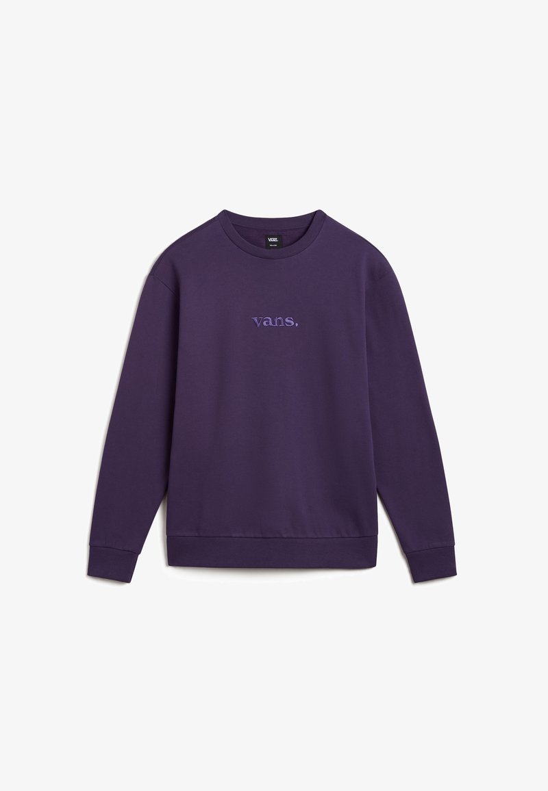 Sweat-shirt Vans à manches longues violet avec col rond et logo Vans brodé au centre de la poitrine, présenté à plat sur un fond blanc.