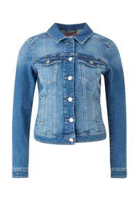 Jeansjacka i ljusblått med spetsig krage, två framfickor, silverknappar och en figursydd design.