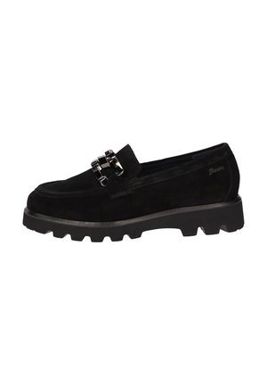 Black suede loafers with a textured surface, featuring a wide decorative buckle and a chunky, lugged rubber sole.