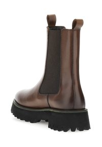 Brune læder Chelsea støvler med sorte elastiske sidepaneler, en robust sort ydersål og greb i toppen for nem påtagning. Glat finish og solidt design.