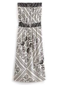 Schwarz-weiße, gemusterte Maxikleid mit einem gerafften Oberteil, floralem Design und diagonalen Streifen; verfügt über einen schulterfreien Ausschnitt.