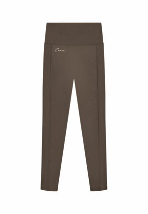 Leggings marrone scuro a vita alta con cuciture sottili e piccolo logo corsivo sull'anca sinistra su sfondo bianco.