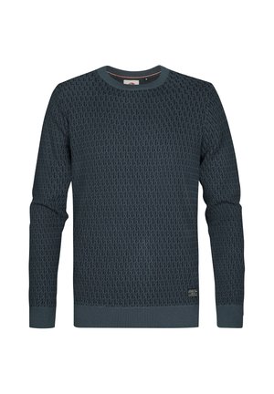 Donkerblauwe gebreide trui met een gestructureerd ruitpatroon, ronde hals, lange mouwen en geribde boorden en zoom.