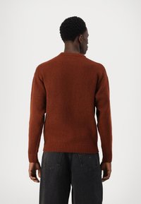 Pull en tricot couleur rouille avec un col rond, bord-côte en bas et aux poignets, porté sur un jean en denim sombre. Tissu texturé avec un design uni.