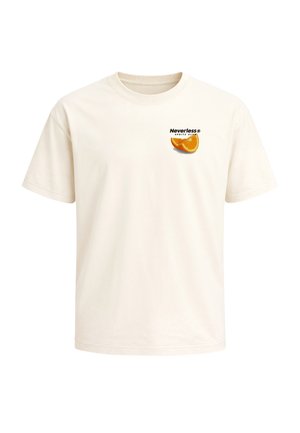 Cream short-sleeve t-shirt with small text "Neverless Spritz Club" and an orange slice graphic on the upper left chest.