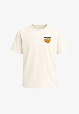 Cream short-sleeve t-shirt with small text "Neverless Spritz Club" and an orange slice graphic on the upper left chest.