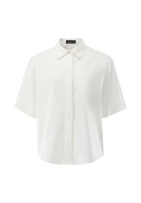 Kurzärmeliges weißes Hemd mit Knöpfen aus glattem Stoff; verfügt über einen klassischen Kragen und eine lockere Passform mit geradem Saum.