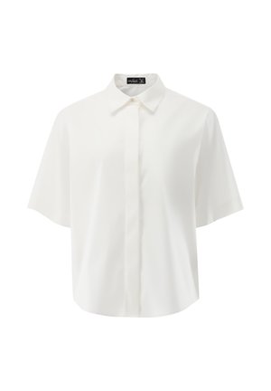 Kurzärmeliges weißes Hemd mit Knöpfen aus glattem Stoff; verfügt über einen klassischen Kragen und eine lockere Passform mit geradem Saum.