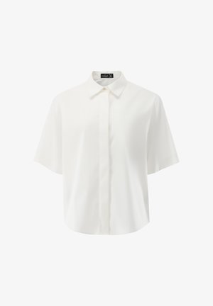 Kurzärmeliges weißes Hemd mit Knöpfen aus glattem Stoff; verfügt über einen klassischen Kragen und eine lockere Passform mit geradem Saum.