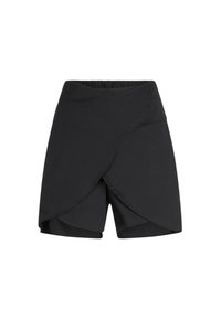 Pantaloni corti neri con un design incrociato, realizzati in tessuto leggero. Presentano un'ampia cintura elastica e una texture liscia.