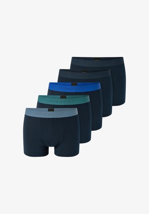 Set aus sechs Herrenboxershorts in verschiedenen Marineblautönen, mit elastischen Taillenbändern in Blau, Petrol und Grau, jeweils mit Logodetail. Aus Baumwollmaterial.