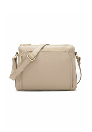 Beżowa torebka na ramię z regulowanym paskiem, przednią kieszenią na zamek oraz suwakiem i detalem logo w kolorze złotym.