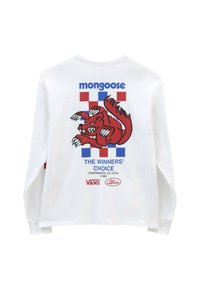Biała koszulka z długim rękawem z grafiką czerwonego kreskówkowego mangusta, wielokolorowym wzorem w kwadraty oraz logo Mongoose i Vans.