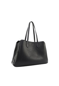 Bolsa tote de pele preta com duas alças longas, forma estruturada, detalhe do logótipo em relevo na frente e textura suave.