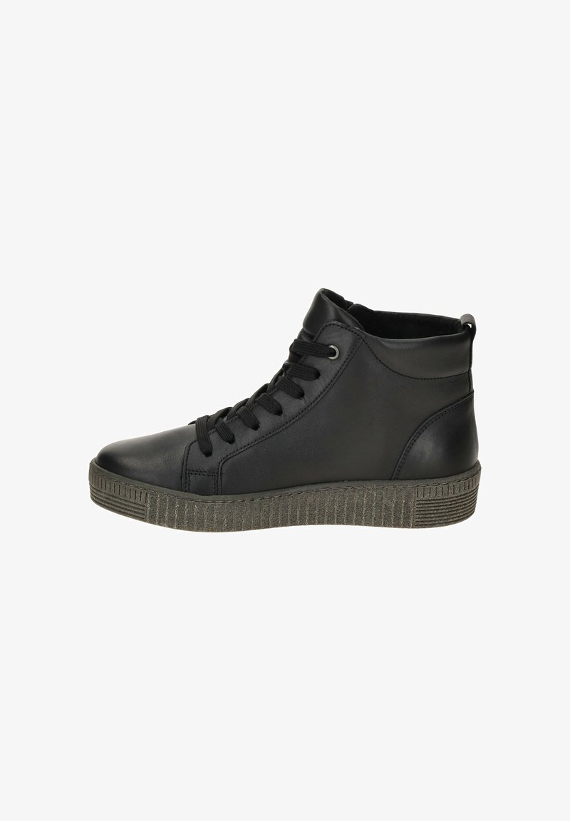 Zwarte leren high-top sneakers met ronde neus, vetersluiting, een gestructureerde grijze rubberen zool en subtiele stiksels langs de zijpanelen.