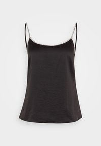 Camisole noire avec des bretelles fines et une texture lisse. Présente une finition argentée le long de l'encolure. Design léger et décontracté, idéal pour le superposition.