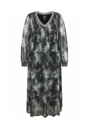 Robe à manches longues avec un motif abstrait noir et gris. Encolure en V avec bordure côtelée. Tissu doux et fluide avec un ajustement décontracté. Longueur mi-mollet.