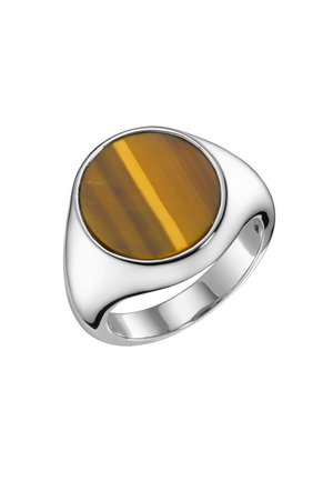 Silver ring featuring a large, round tiger's eye stone with a brown and gold striped pattern, smooth surface, and polished finish.