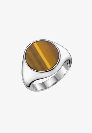 Silberner Ring mit einem großen, runden Tigeraugenstein, der ein braun-goldenes Streifenmuster aufweist, mit glatter Oberfläche und polierter Optik.