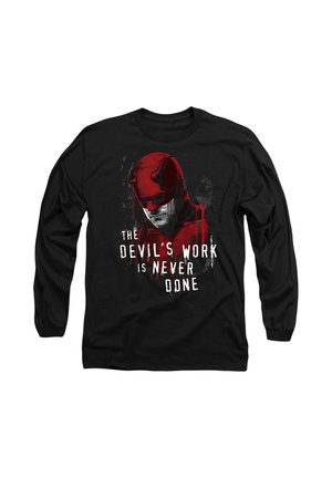 Black long-sleeve shirt featuring a red graphic of a masked figure with the text “THE DEVIL’S WORK IS NEVER DONE” in white.