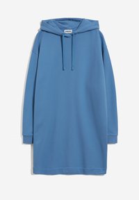 Robe sweat à capuche bleue à manches longues avec cordons et poignets côtelés, présentée sur fond blanc.