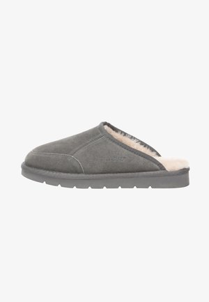 Gray suede slipper with faux fur lining, rounded toe, low-profile outsole, and stitched detailing along the seams. Durable rubber sole.