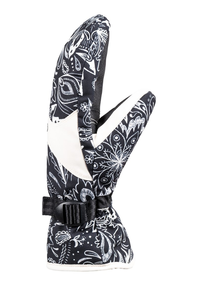 Manique à motifs noir et blanc avec un extérieur en tissu, texture matelassée, détail blanc sur la paume, et une sangle de poignet réglable.