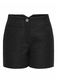 Schwarze Shorts aus texturiertem Stoff mit hoher Taille, ausgestattet mit einem Knopfverschluss vorne und einem klaren, maßgeschneiderten Schnitt.