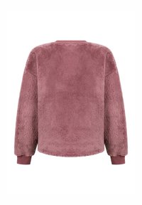 Fuzzy, mauve pullover sweatshirt met een zachte textuur, ronde halslijn en geribde mouwen. Heeft een ontspannen pasvorm en geen zichtbare sluitingen.