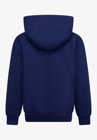 Hoodie en coton bleu marine avec une capuche doublée, des poignets et un ourlet côtelés. Design simple, sans graphiques ni motifs visibles au dos.