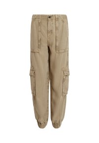 Pantalon cargo beige avec poches plaquées à l'avant, poches à rabat sur les côtés, fermeture à boutons et poignets élastiqués.