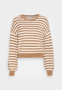 Flauschiger, gekürzter Pullover mit beige-weißen horizontalen Streifen, Rundhalsausschnitt und langen Ärmeln mit Rippbündchen. Weiche Textur und leichtes Design.