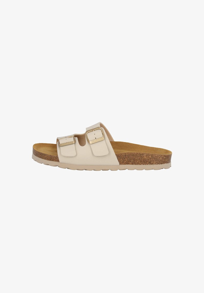 Beige sandalen met twee banden en zilverkleurige gespen, en een kurken tussenzool. Platte zool met een lichtgewicht ontwerp en een gladde textuur.