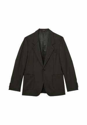 Meeste must ühekordne ühe nupuga pintsak sälguga krae, kahe esiosa tasku ja nööpidega varrukaotstega, valgel taustal.