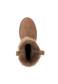 Suede ankle boot in light brown with fluffy lining. Round toe, flat rubber sole, and a small heel tab for ease of wear.