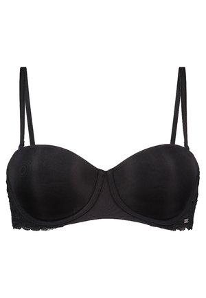 Soutien-gorge noir rembourré avec bord en dentelle, bretelles ajustables et bonnets moulés. Tissu lisse avec un léger éclat et un bord décoratif en dentelle.