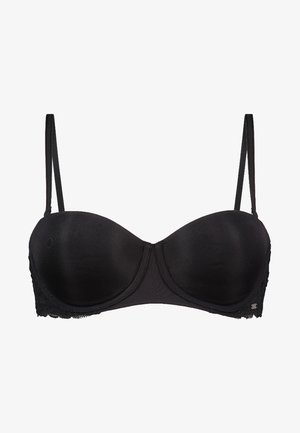 Svart polstret bh med blonder trim, justerbare stropper og formede kopper. Glatt stoff med en svak glans og dekorativt blonderkant.
