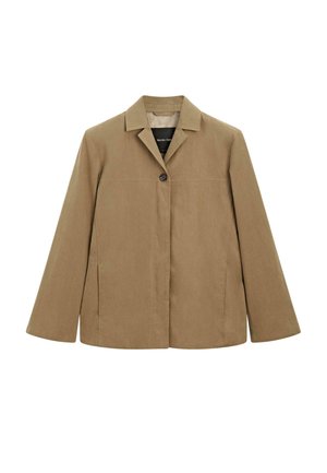 Giacca marrone, strutturata, con revers, chiusura a singolo bottone e maniche dritto. Tessuto morbido con un design minimale.