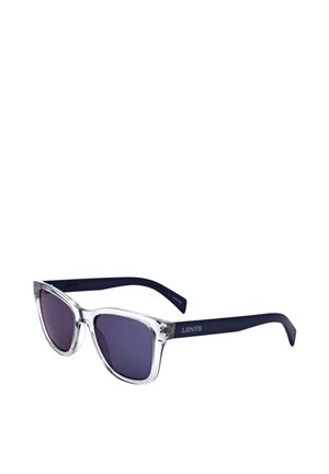 Occhiali da sole con montatura rettangolare trasparente e aste blu scuro, con lenti scure e logo Levi's sulle astine.