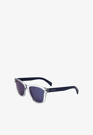 Occhiali da sole con montatura rettangolare trasparente e aste blu scuro, con lenti scure e logo Levi's sulle astine.